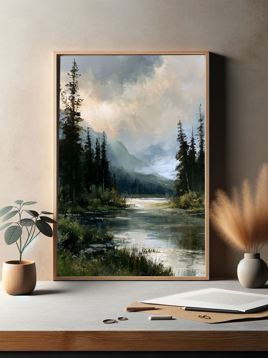 Misty Forest River Landscape Poster. — room view 2