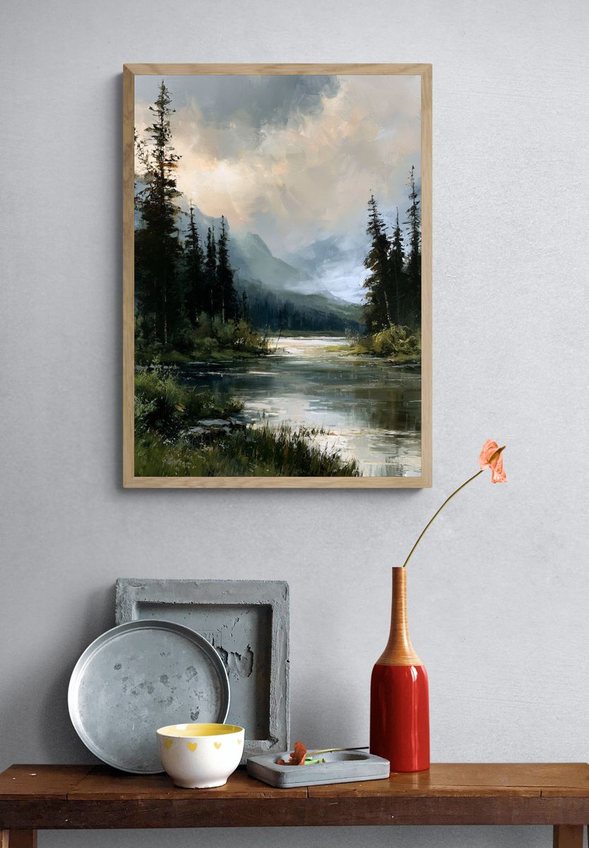 Misty Forest River Landscape Poster. — room view 3