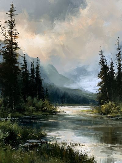 Misty Forest River Landscape Poster. poster