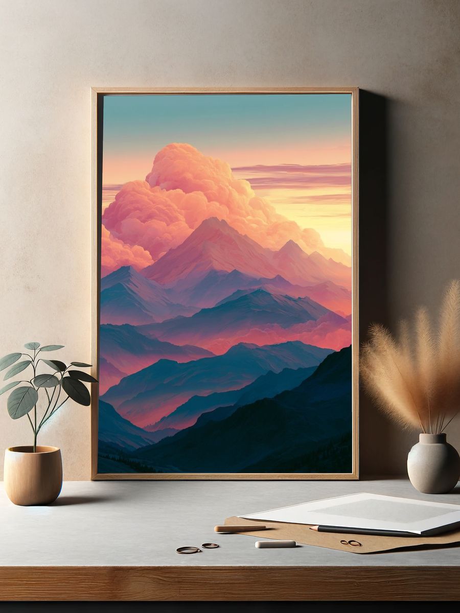 Pastel Mountain Sunrise Print. — room view 2