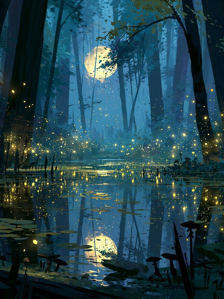 Moonlit Firefly Forest Print. poster detail