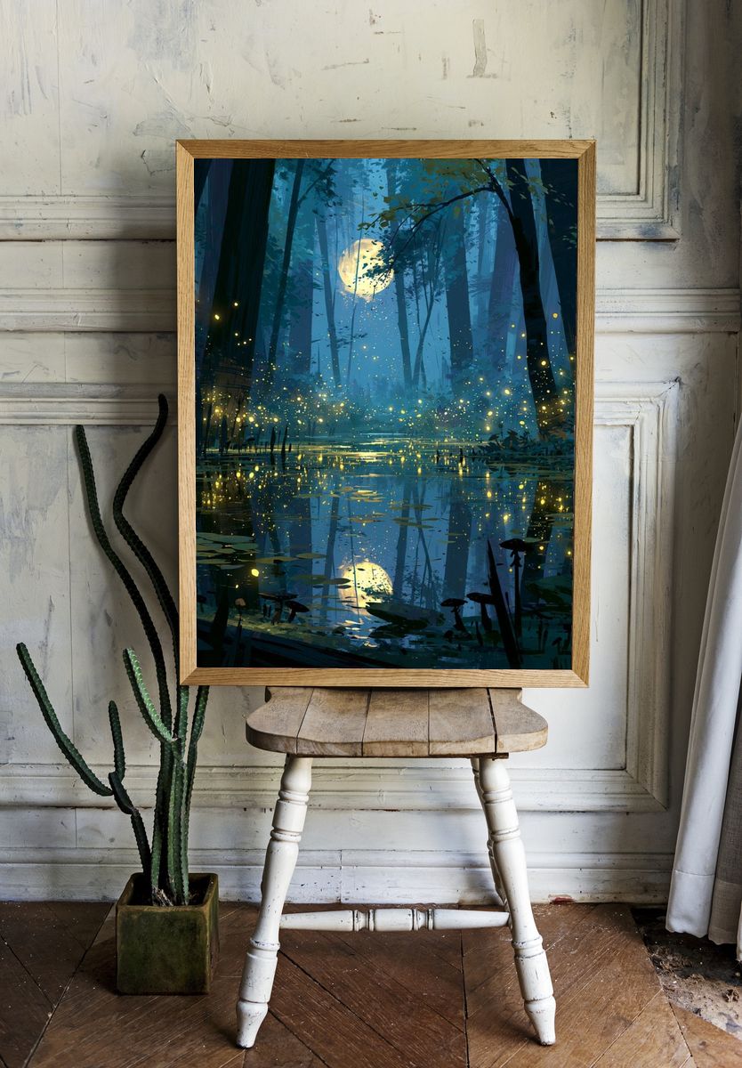 Moonlit Firefly Forest Print. room preview