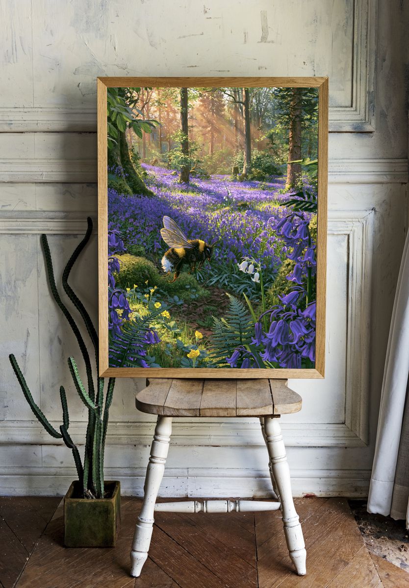 Sunlit Bluebell Forest Poster. — room view 1