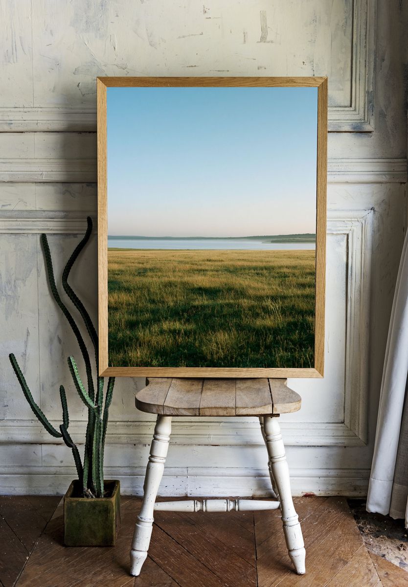 Misty Lakeside Meadow Photography Poster. — room view 1