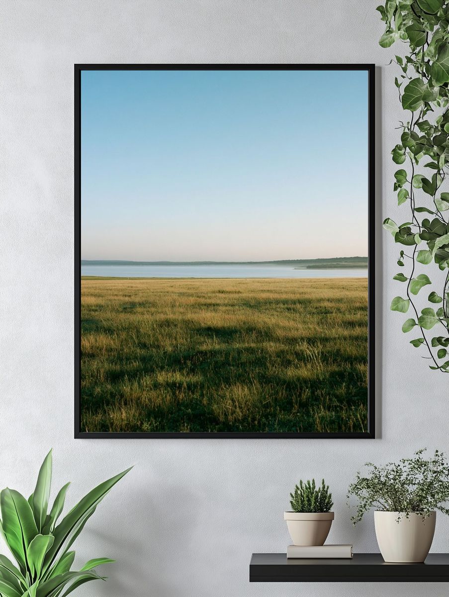Misty Lakeside Meadow Photography Poster. — room view 4