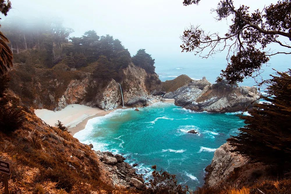 Secluded Beach with Waterfall — Nature Print. poster — nature art