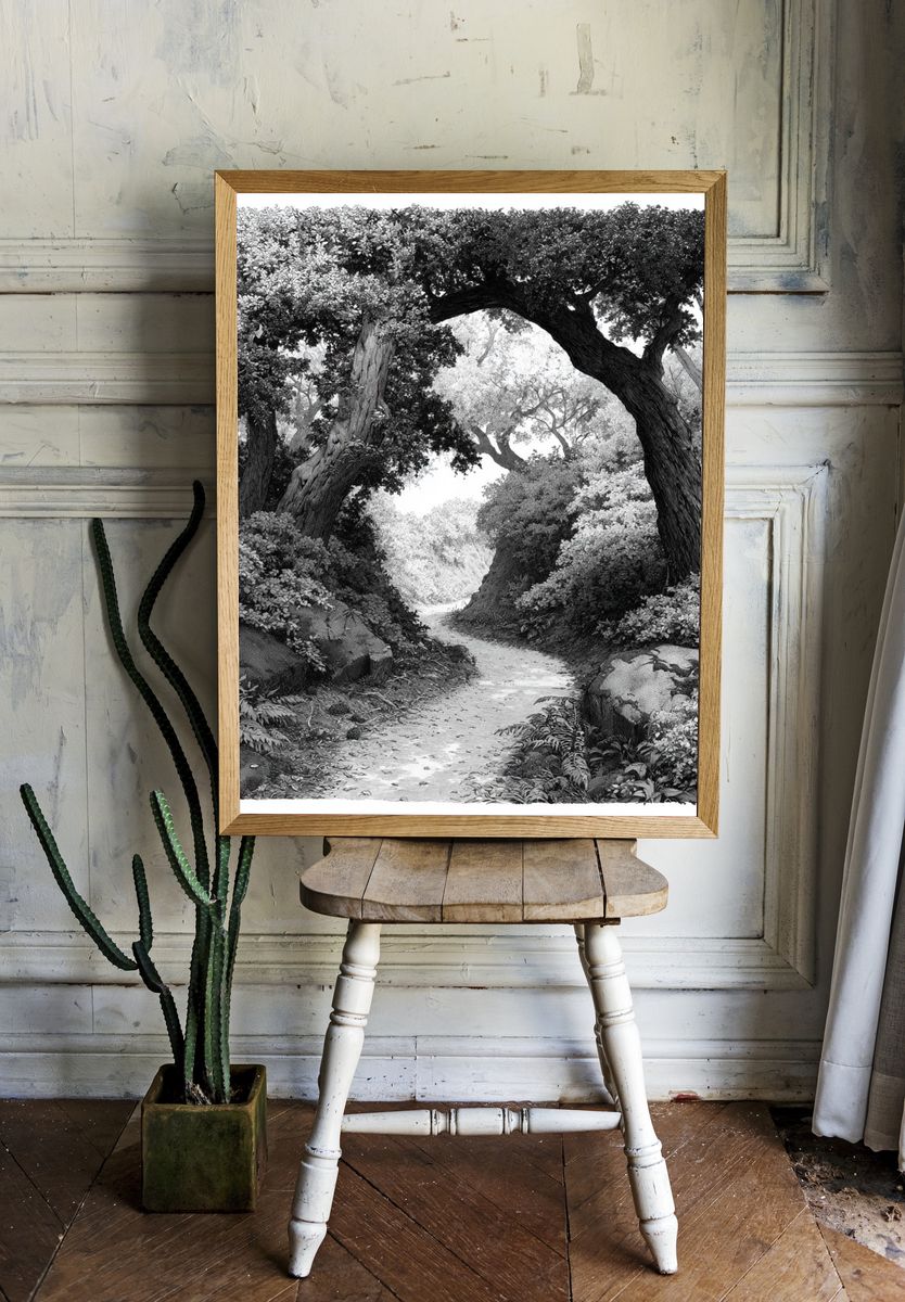 Forest Path Black-White Print. room preview
