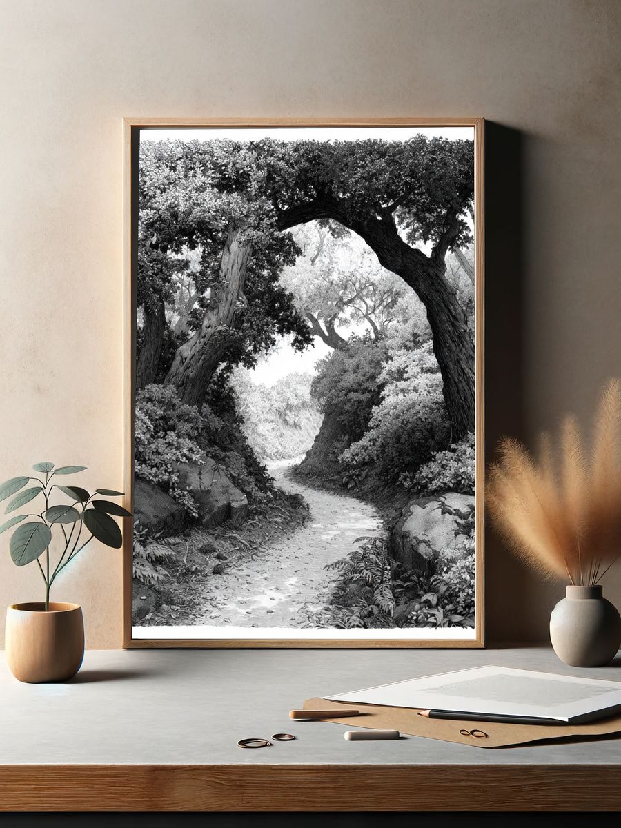 Forest Path Black-White Print. — room view 2