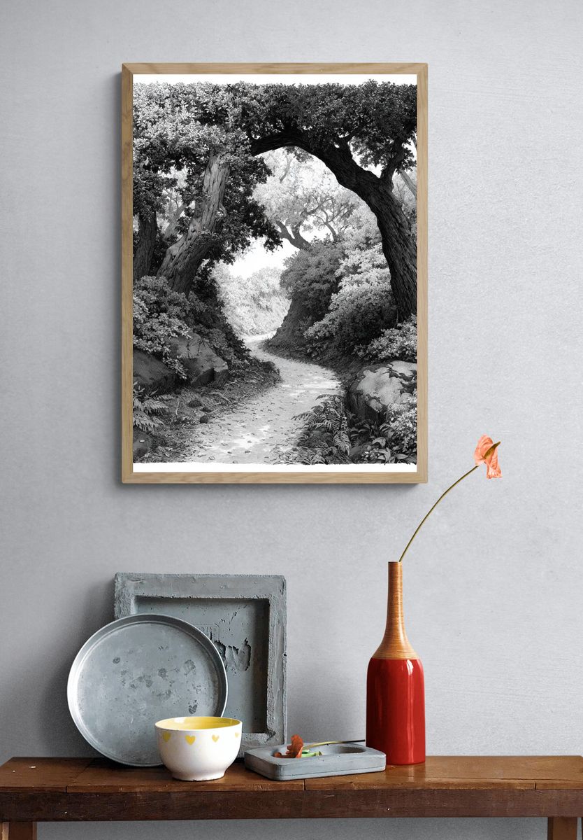 Forest Path Black-White Print. — room view 3