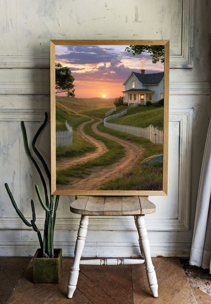 Sunset Country House Landscape Poster. — room view 1