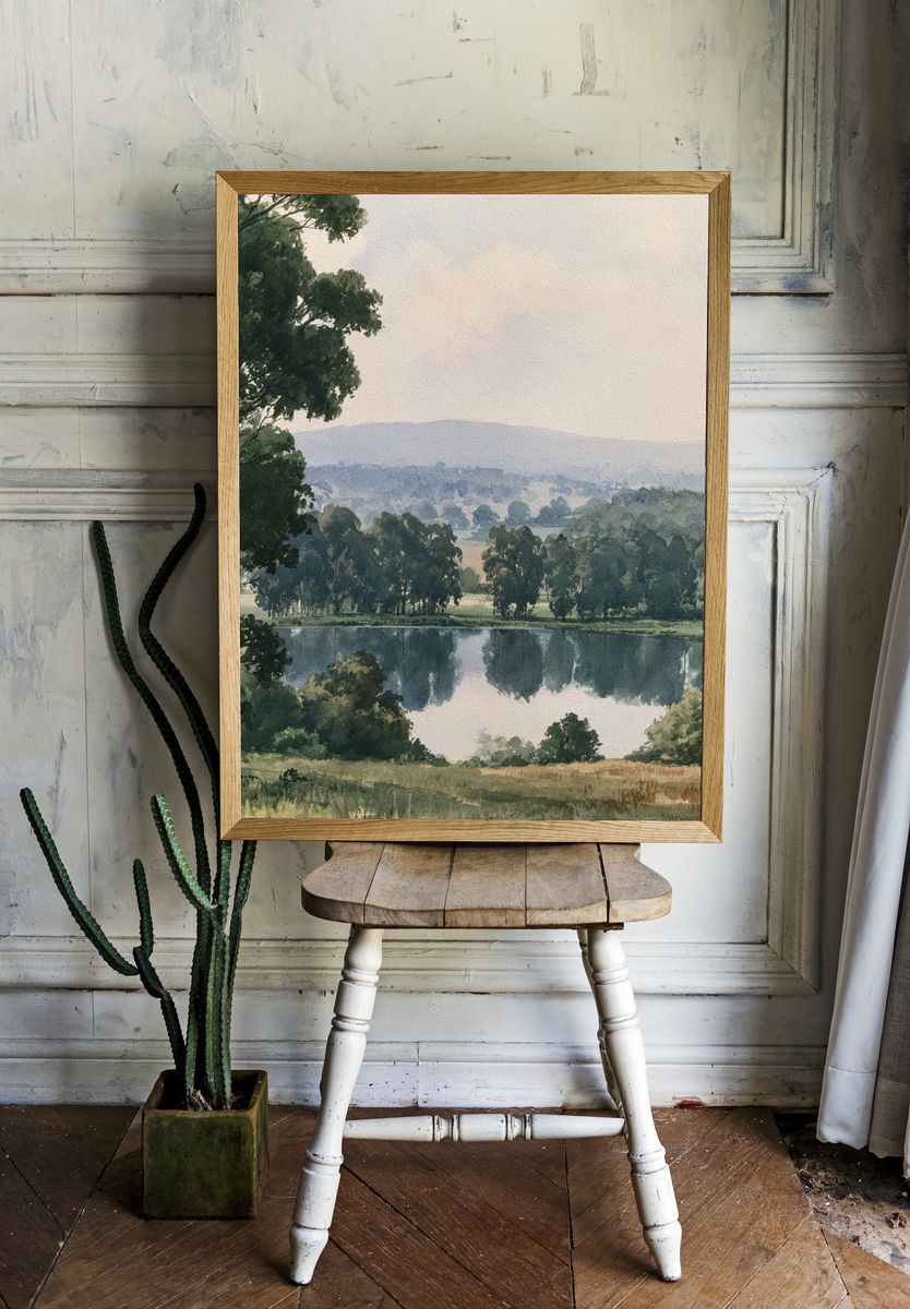 Serene Lakeside Landscape Print. room preview