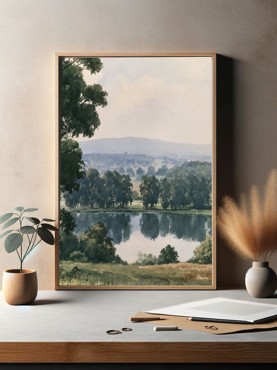 Serene Lakeside Landscape Print. — room view 2