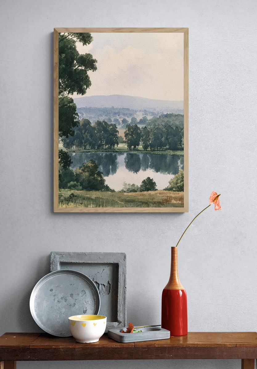 Serene Lakeside Landscape Print. — room view 3