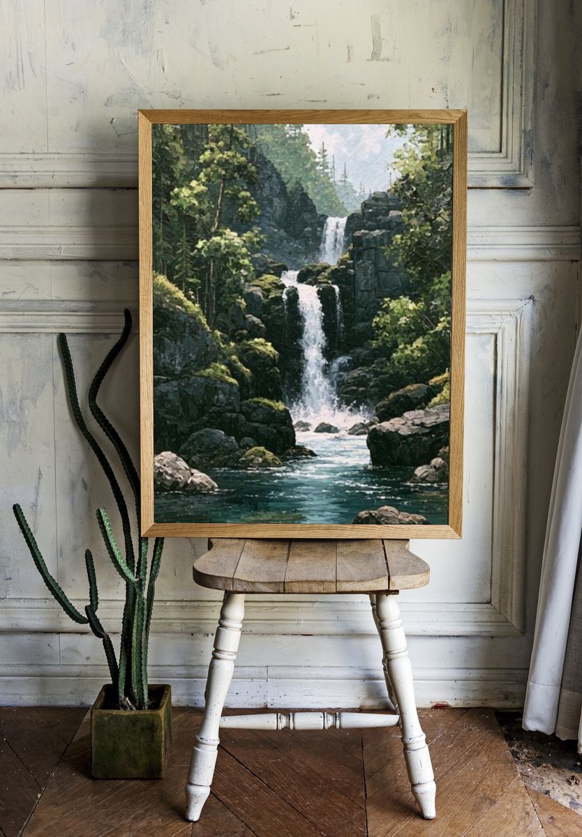 Misty Forest Waterfall Print. — room view 1