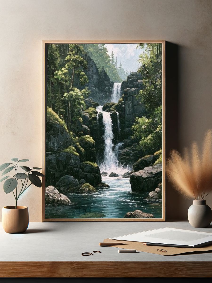 Misty Forest Waterfall Print. — room view 2
