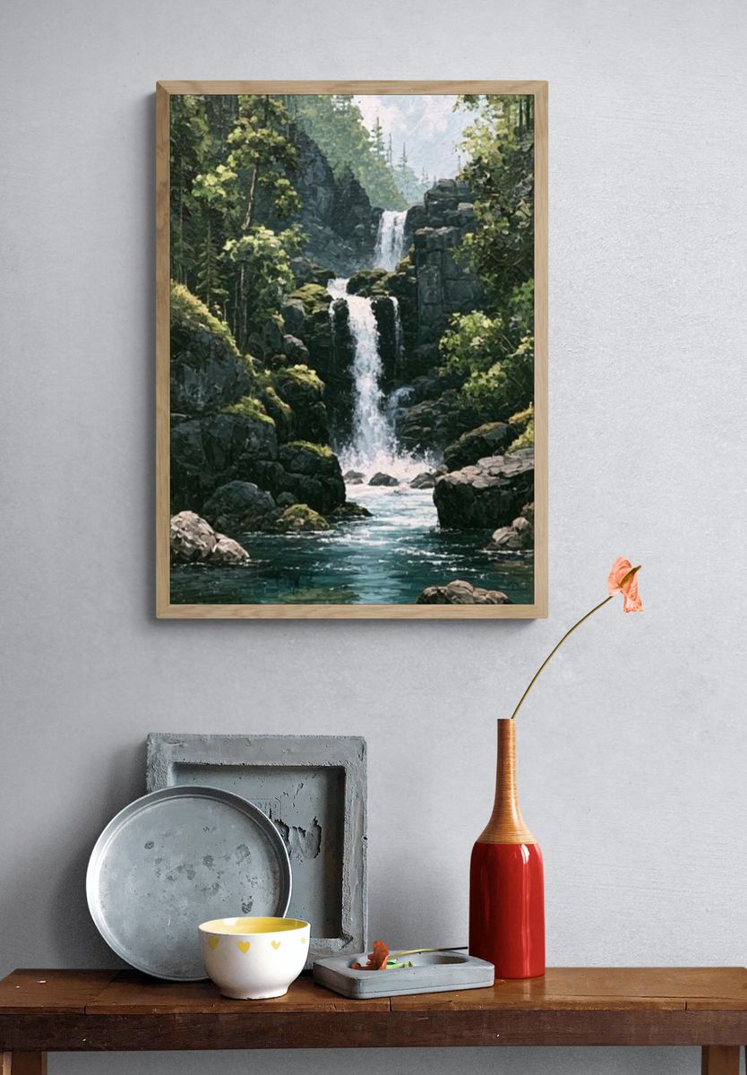 Misty Forest Waterfall Print. — room view 3
