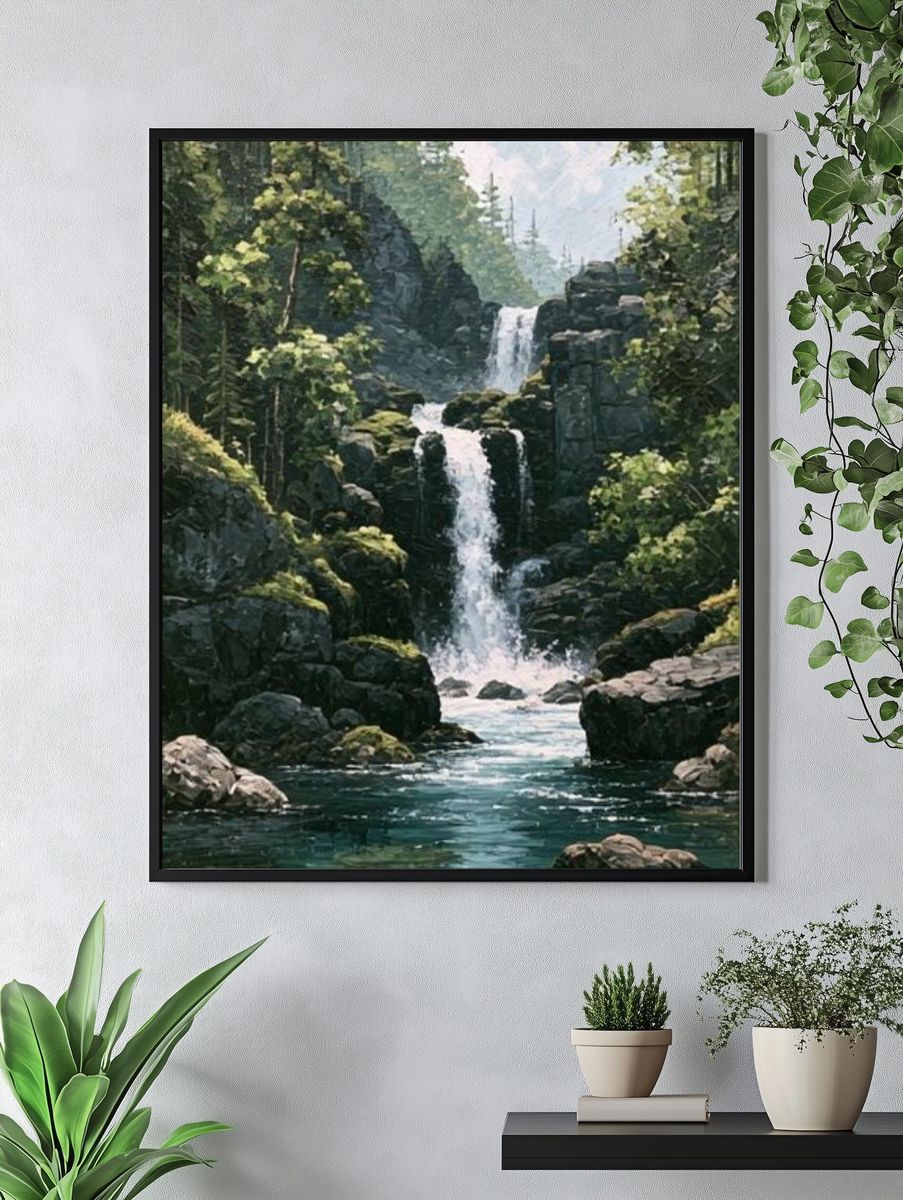 Misty Forest Waterfall Print. — room view 4
