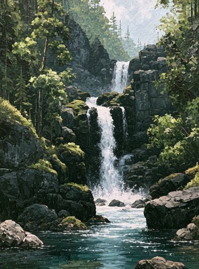Misty Forest Waterfall Print. poster