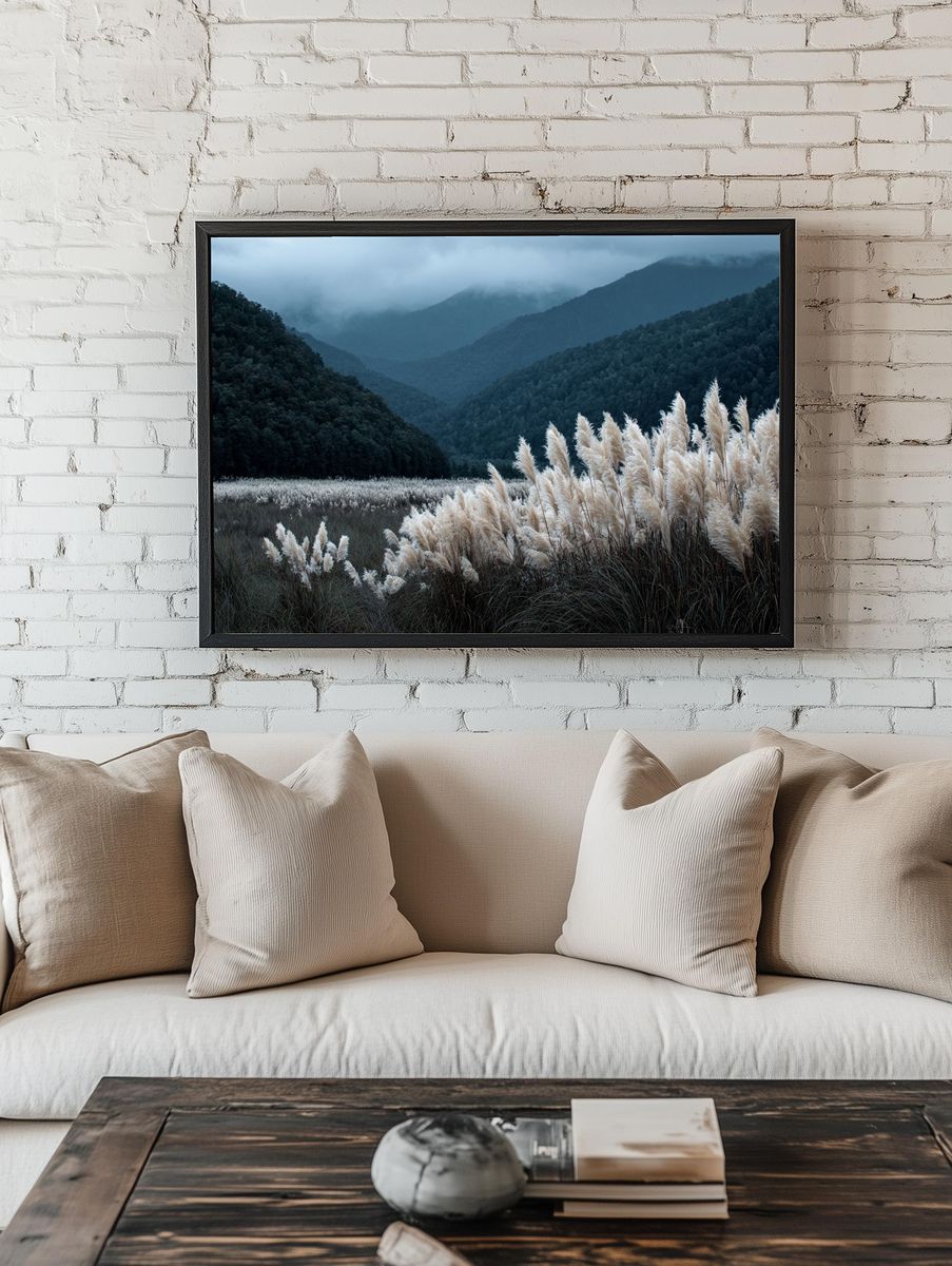 Misty Mountain Grassland Photography Poster. — room view 1