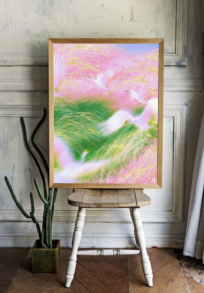 Pastel Crane Dreamscape Print. — room view 1