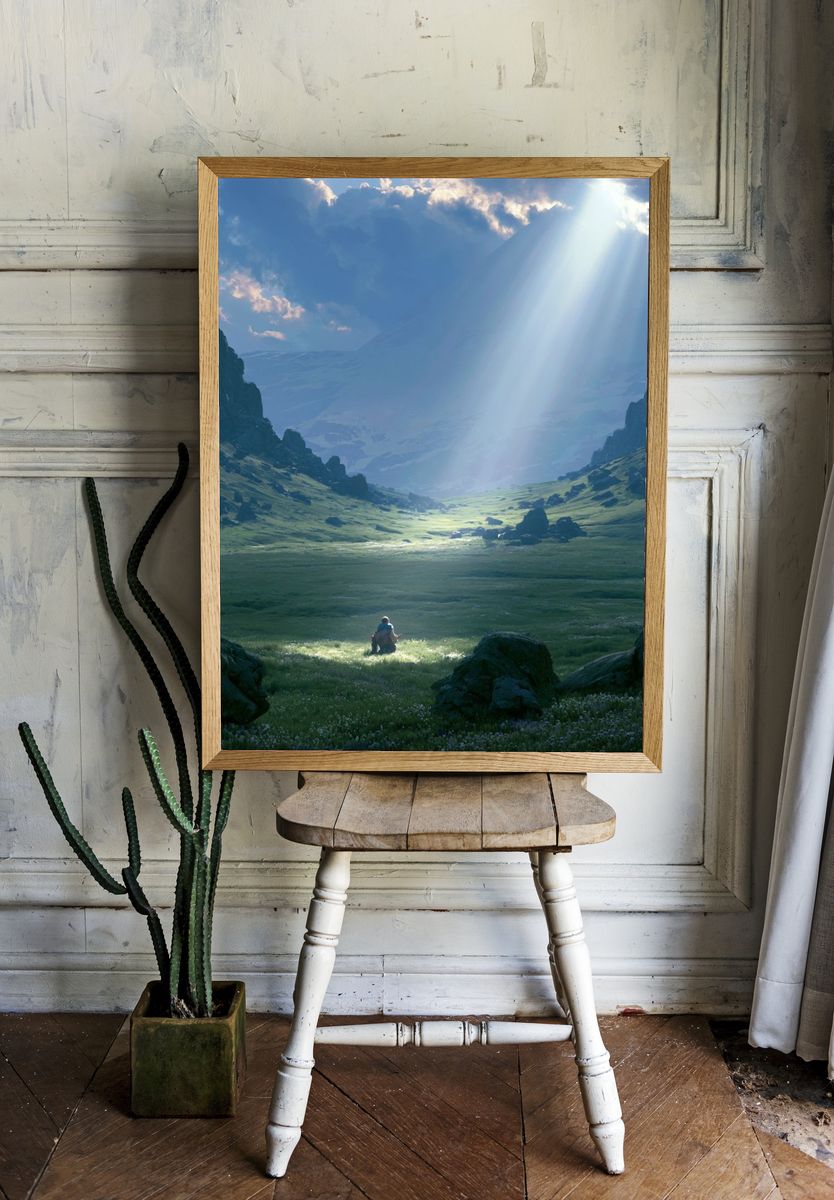 Sunlit Mountain Valley Print. — room view 1