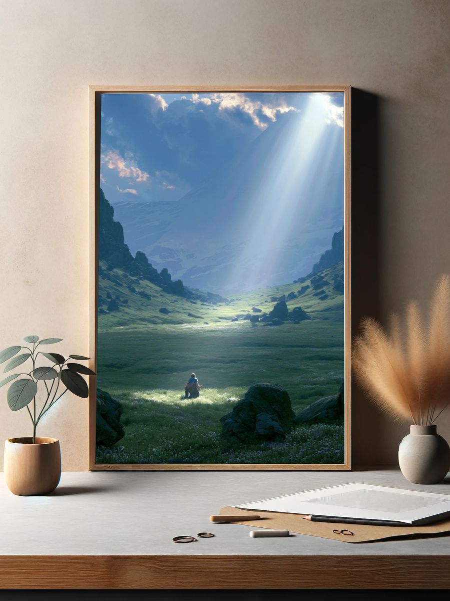 Sunlit Mountain Valley Print. — room view 2