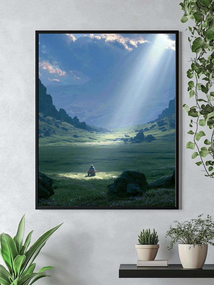 Sunlit Mountain Valley Print. — room view 4