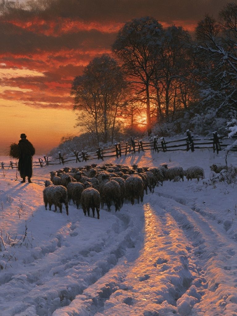 Winter Sheep Drive Landscape Print. poster — nature art