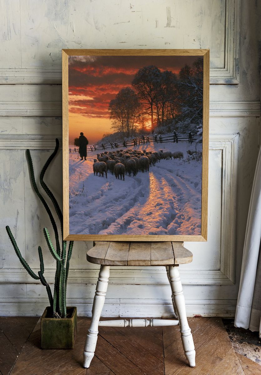 Winter Sheep Drive Landscape Print. room preview