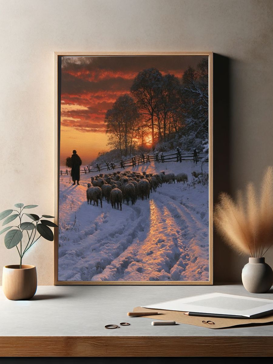 Winter Sheep Drive Landscape Print. — room view 2
