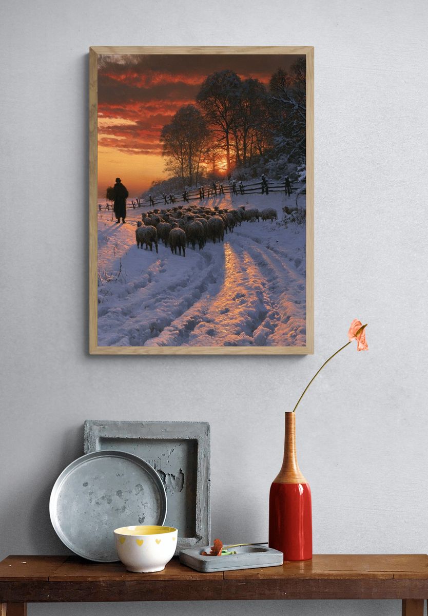 Winter Sheep Drive Landscape Print. — room view 3