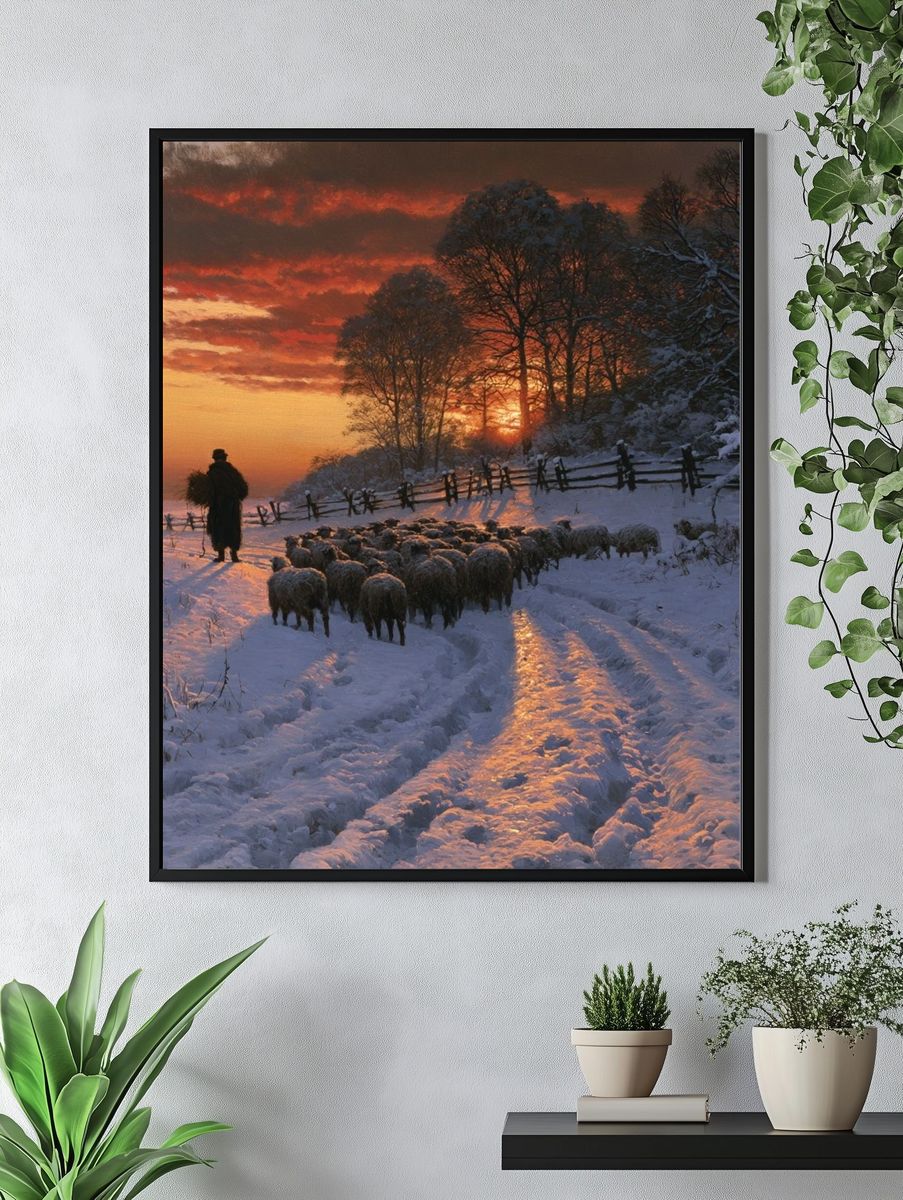 Winter Sheep Drive Landscape Print. — room view 4