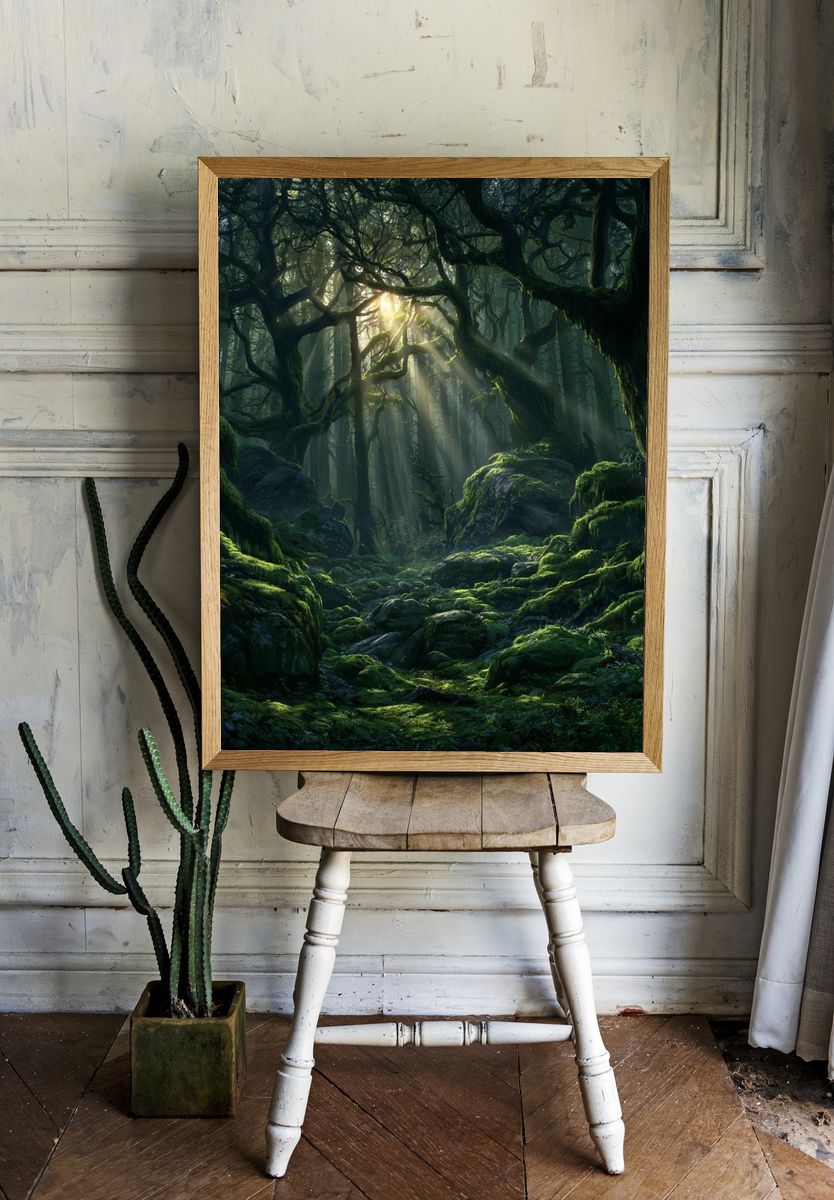 Enchanted Moss Forest Print. room preview