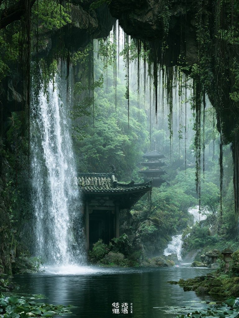 Hidden Waterfall Temple Nature Print. poster detail
