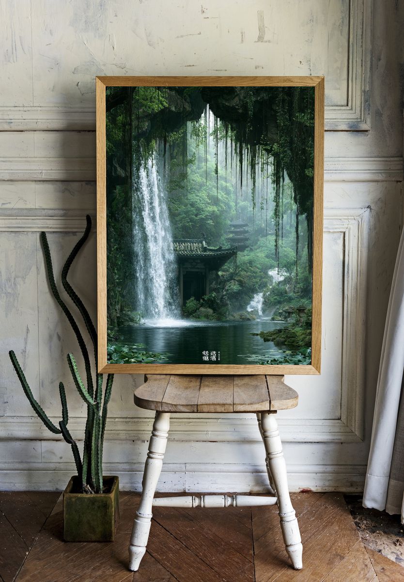 Hidden Waterfall Temple Nature Print. — room view 1