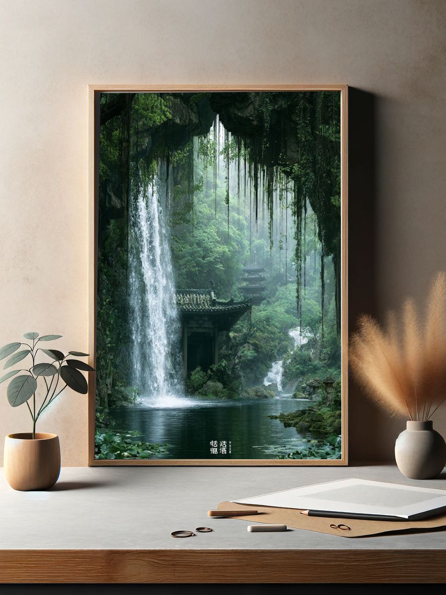 Hidden Waterfall Temple Nature Print. — room view 2