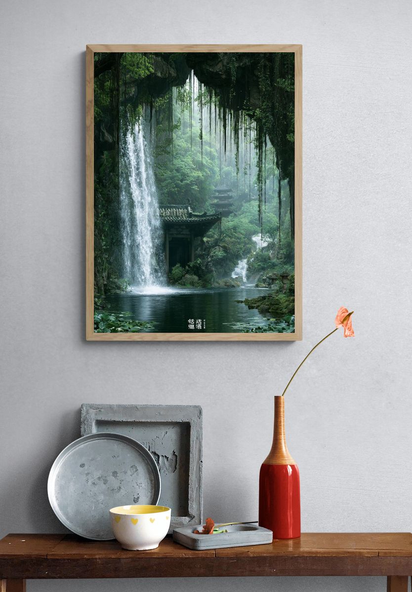 Hidden Waterfall Temple Nature Print. — room view 3