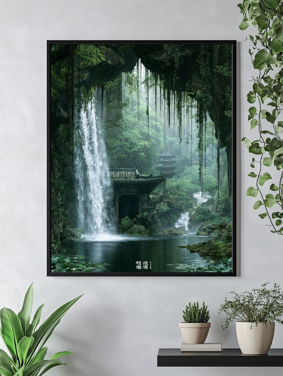 Hidden Waterfall Temple Nature Print. — room view 4