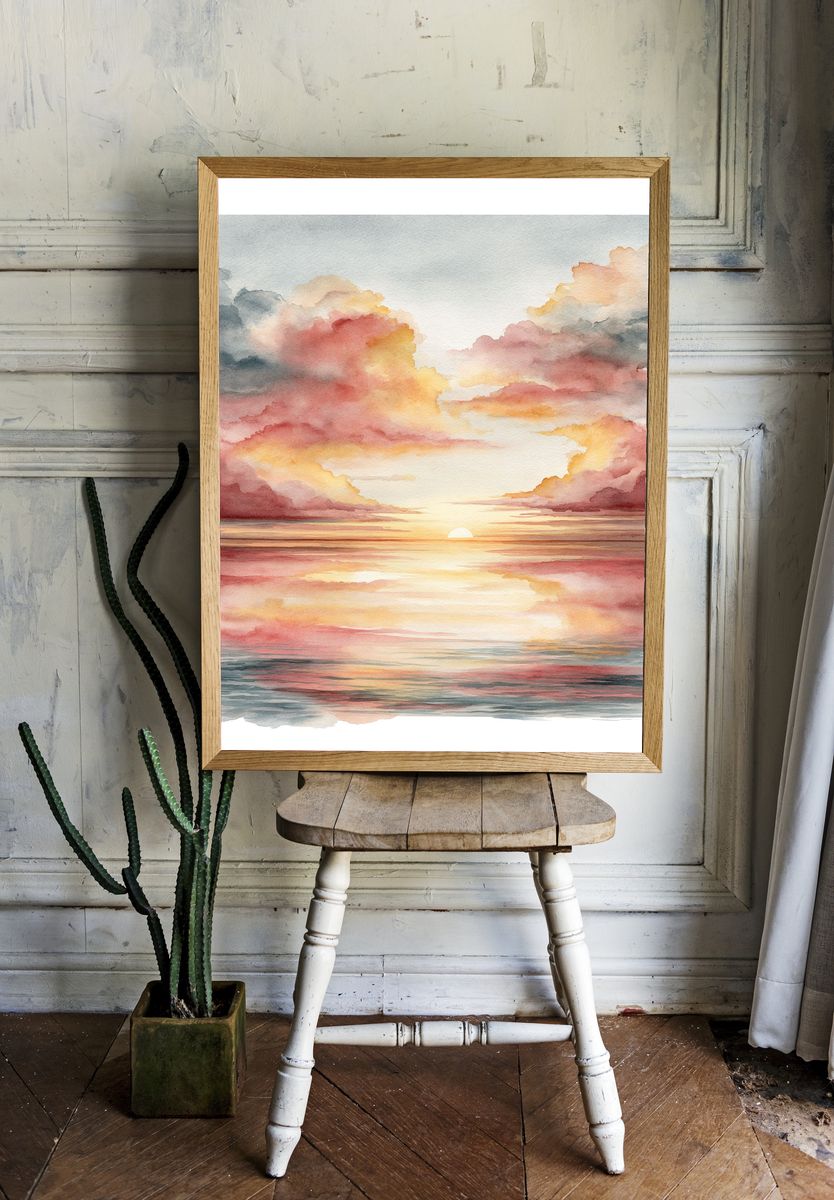 Sunset Clouds Watercolor Print. — room view 1