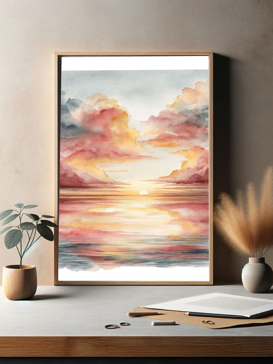 Sunset Clouds Watercolor Print. — room view 2