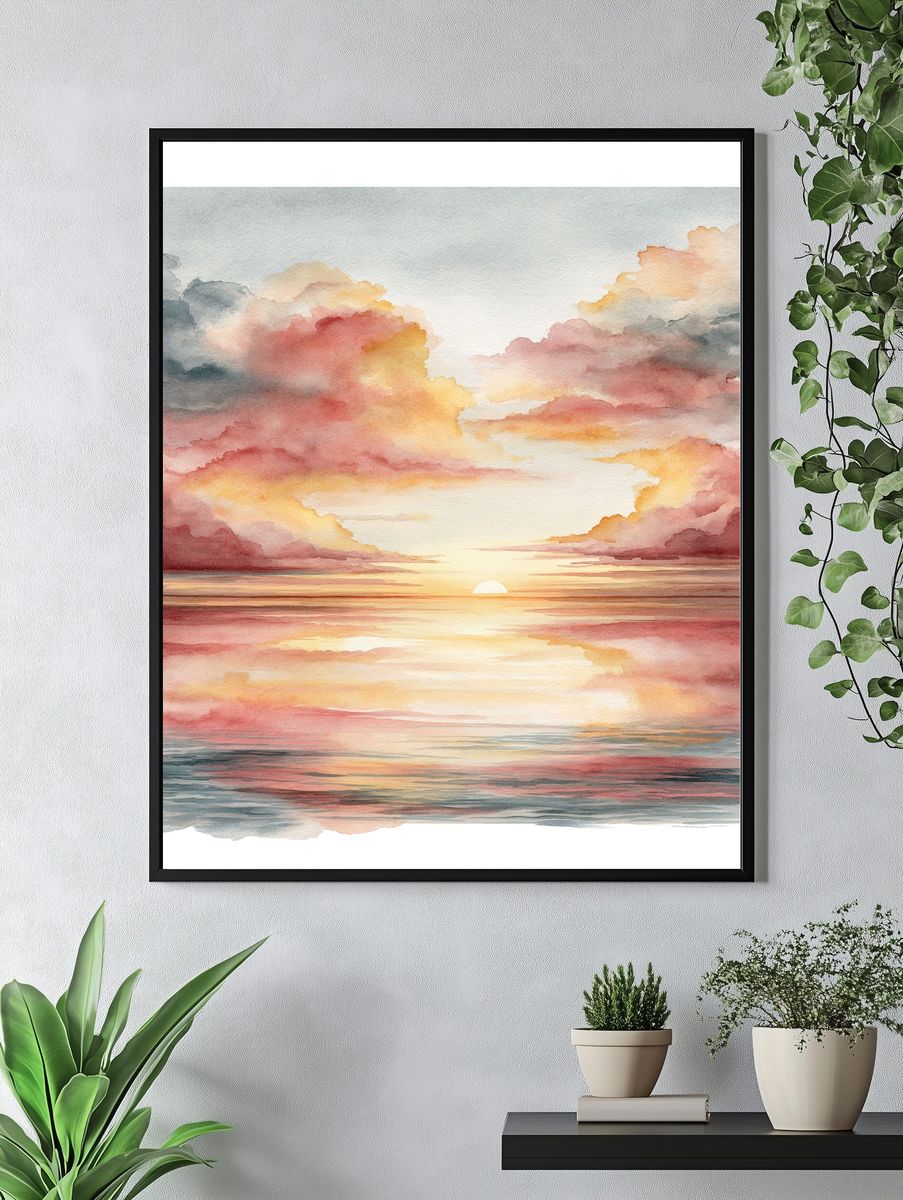 Sunset Clouds Watercolor Print. — room view 4