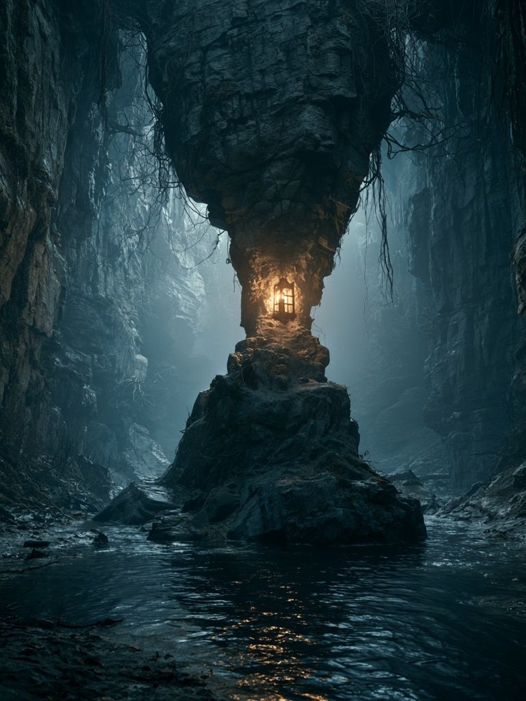 Misty Cave Lantern Landscape Poster. poster detail