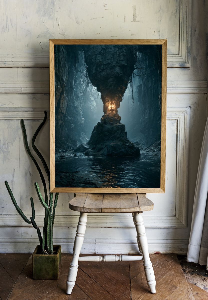 Misty Cave Lantern Landscape Poster. — room view 1