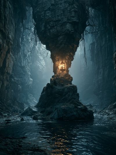 Misty Cave Lantern Landscape Poster. poster