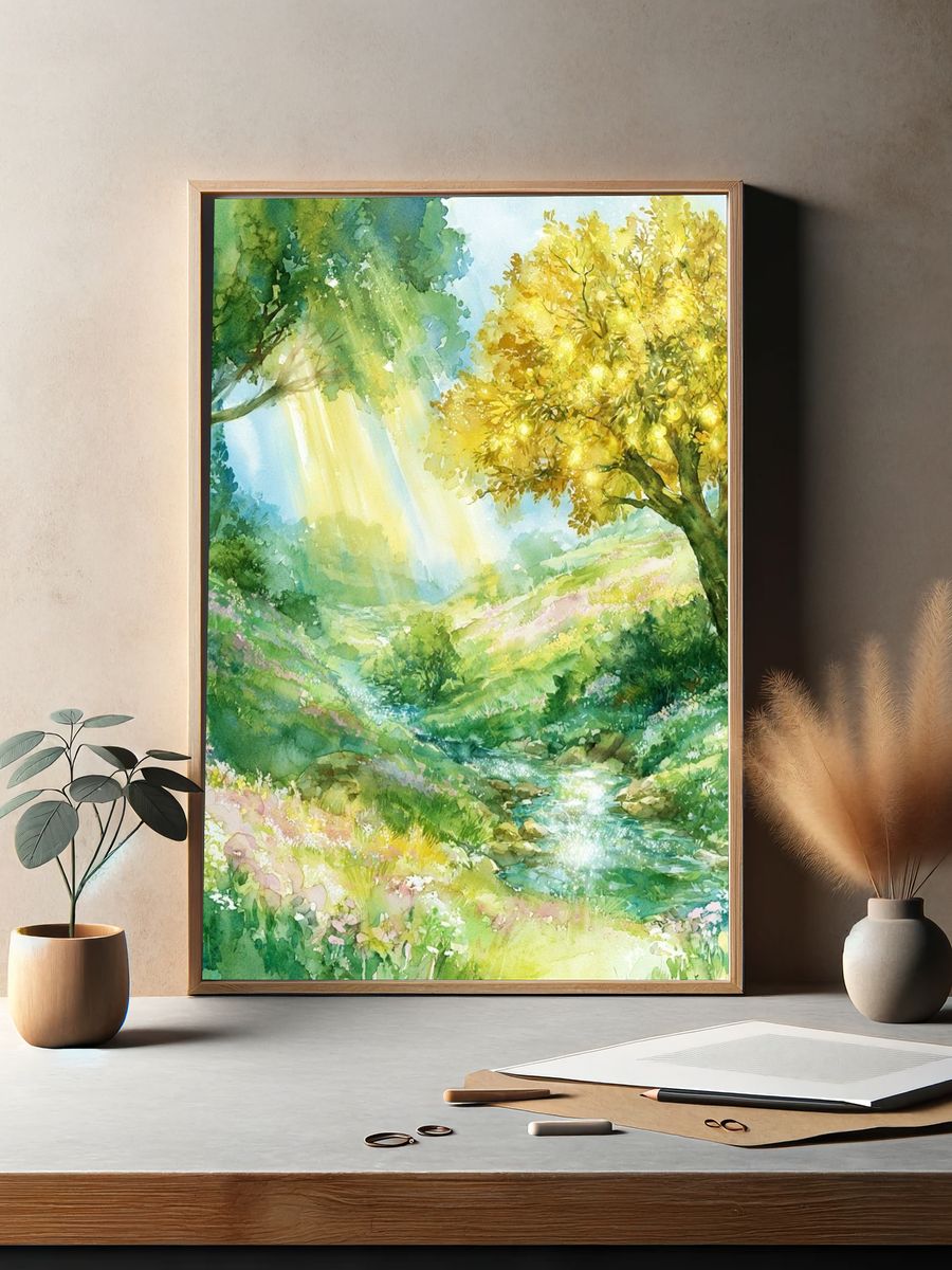 Sunlit Meadow Watercolor Poster. — room view 2