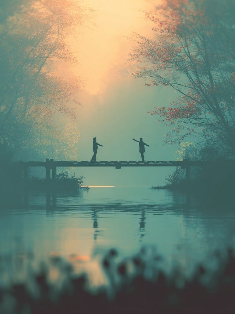 Misty Bridge at Dawn Print. poster detail