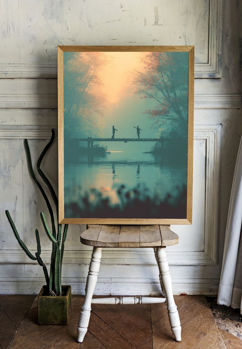Misty Bridge at Dawn Print. — room view 1