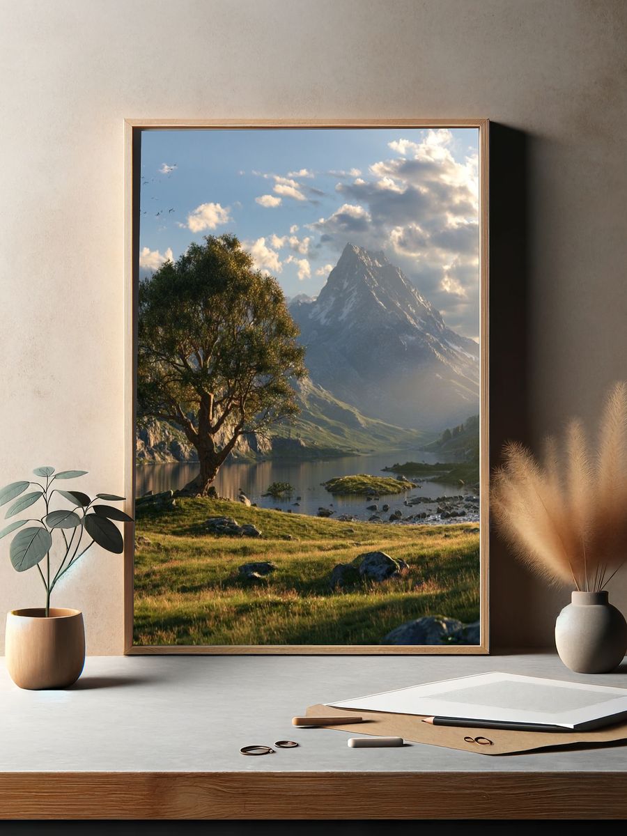 Mountain Lake at Sunset Poster. — room view 2