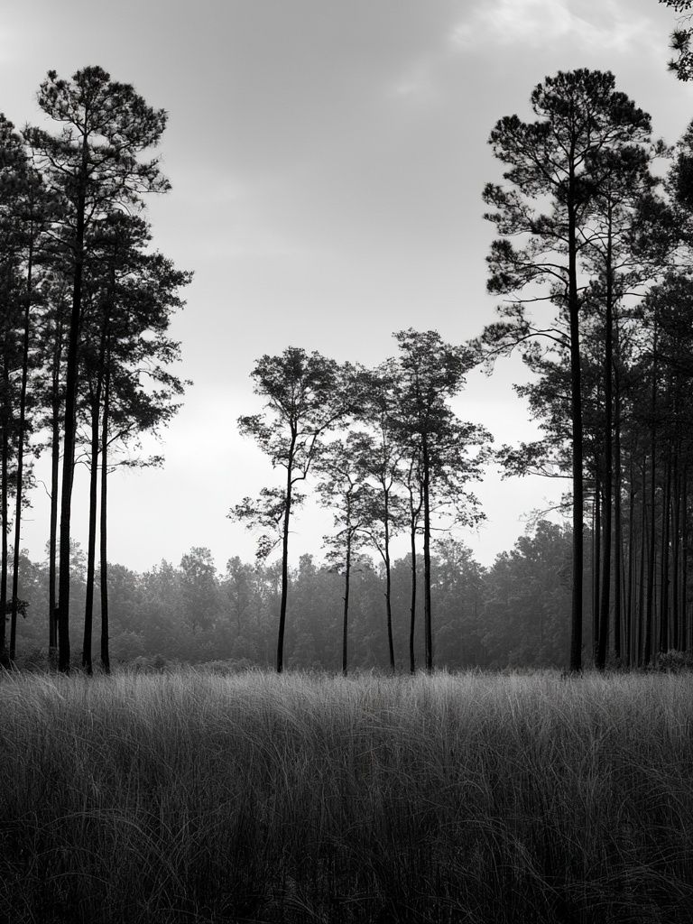 Misty Pine Forest Black-White Poster. poster detail