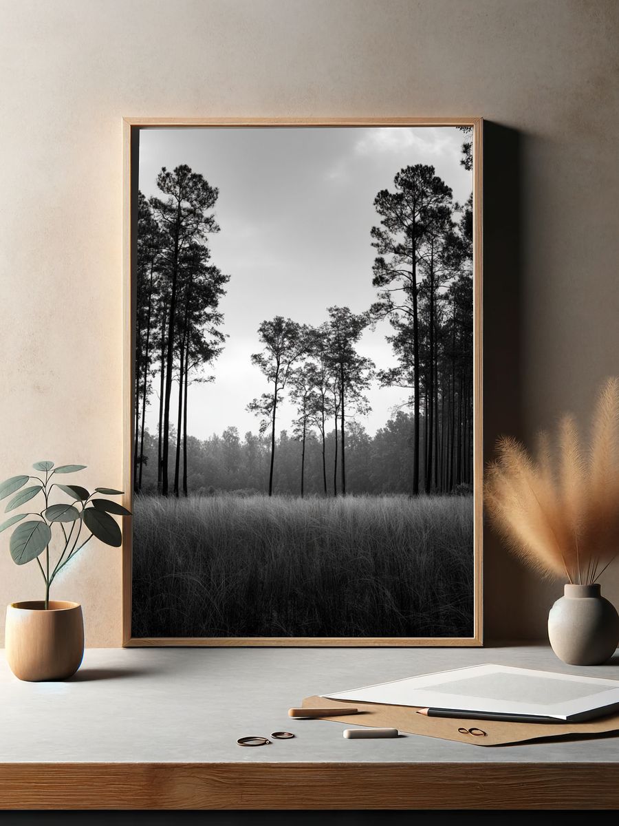 Misty Pine Forest Black-White Poster. — room view 2